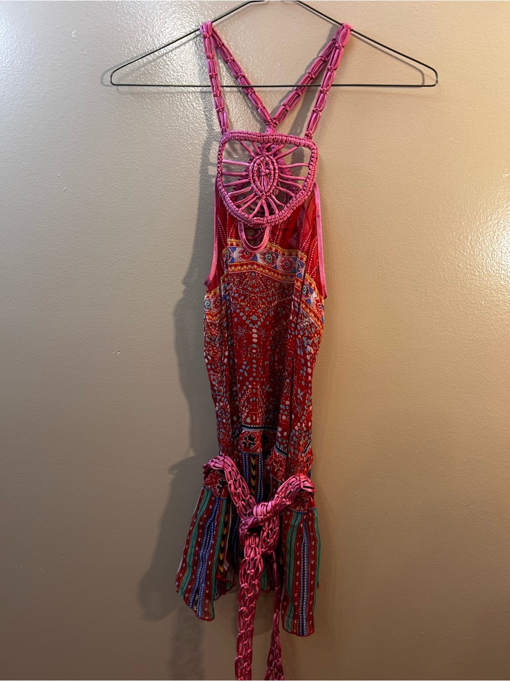 Sugarlips 100% Silk Pink and Red Boho Printed Macramé Tank